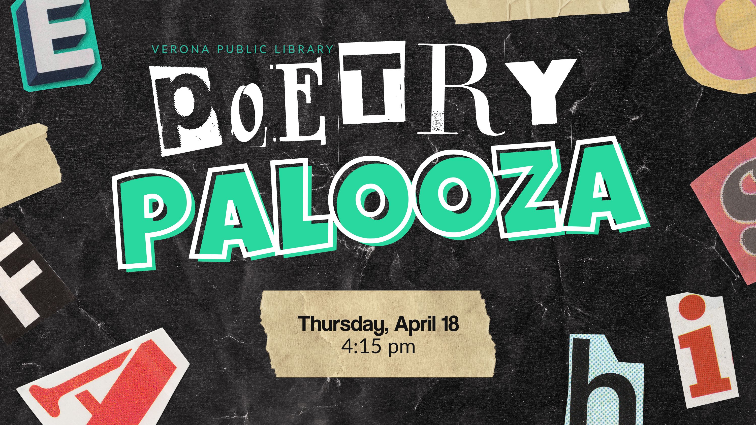 text cut out of magazines, masking tape, and the words "poetry palooza"