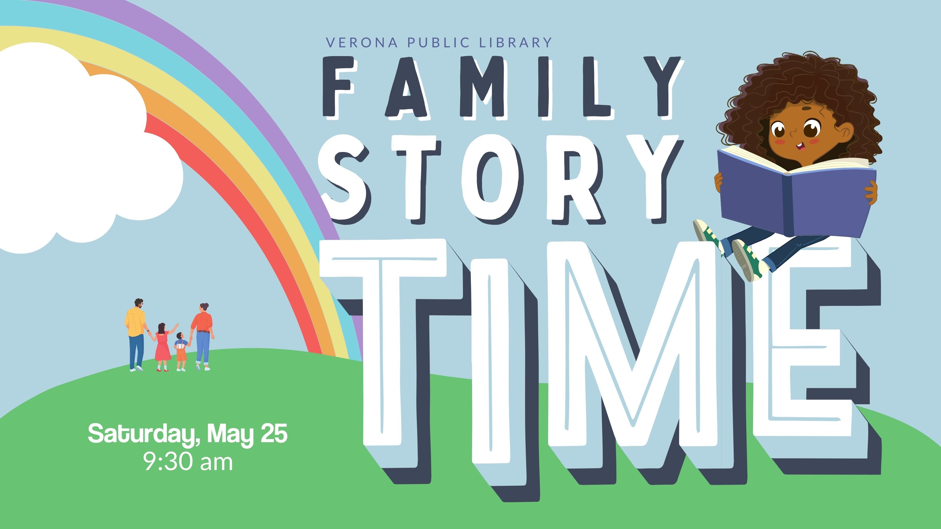 image of girl reading with a rainbow and a family walking towards story time