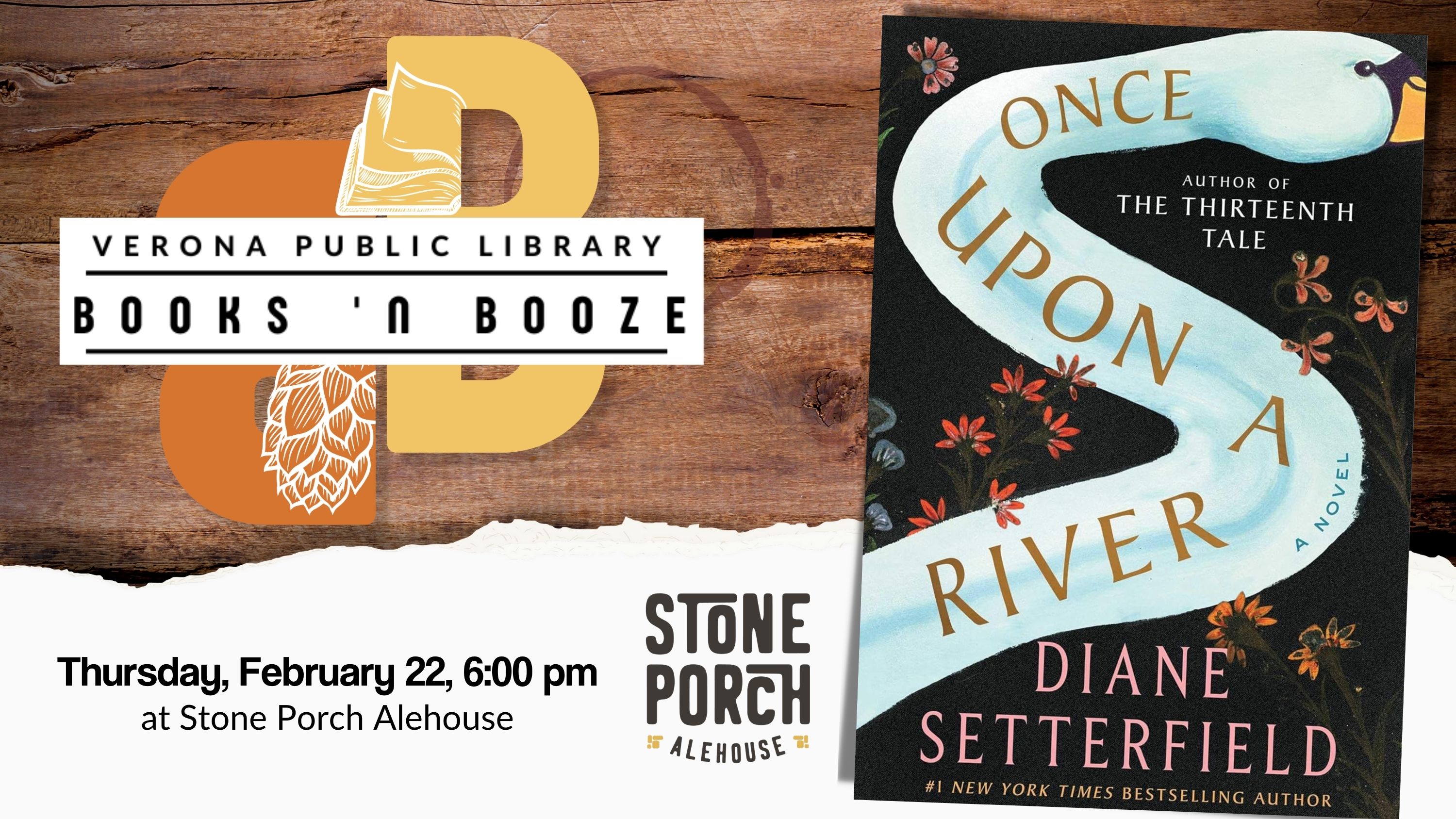 "Once Upon a River" book cover with Books 'n Booze and Stone Porch Alehouse logos
