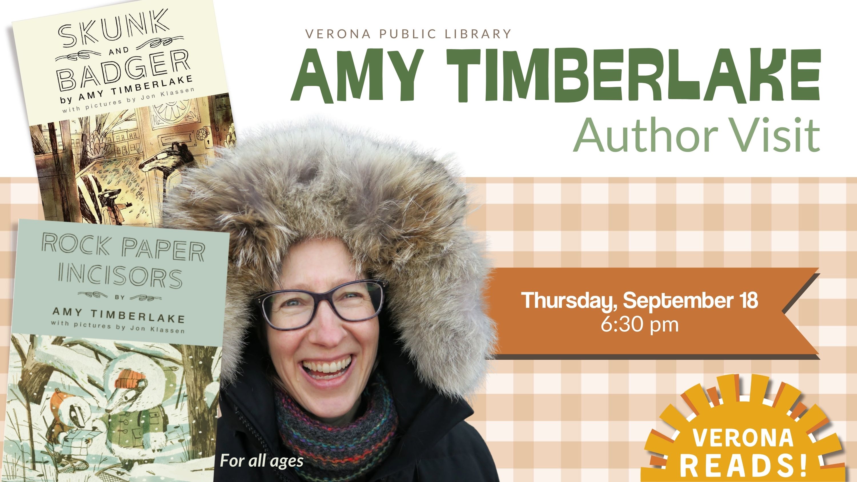 author Amy Timberlake smiling in a parka with a fuzzy hood with the book covers for "Skunk and Badger" and "Rock Paper Incisors".