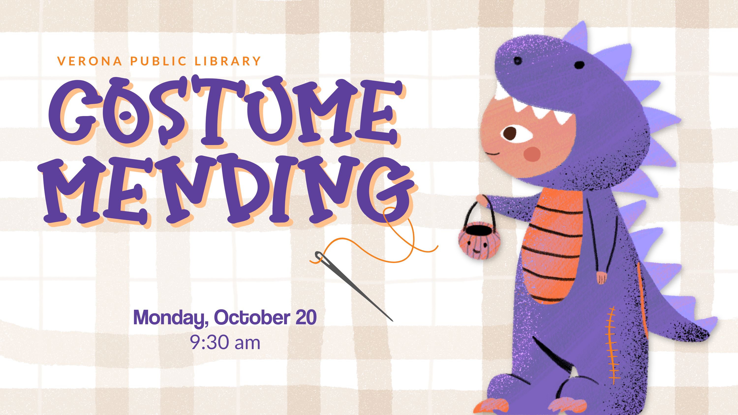 illustration of a smiling child in a purple and orange dinosaur costume stitched on the side holding a cute smiling pumpkin basket.