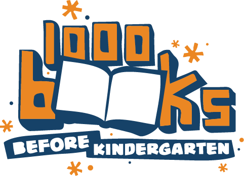 1000 books before kindergarten logo: orange text with navy blue and white book