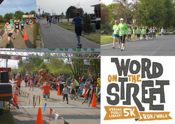 Collage of 4 photos of Word on the Street 5K Run/Walk participants on the race course