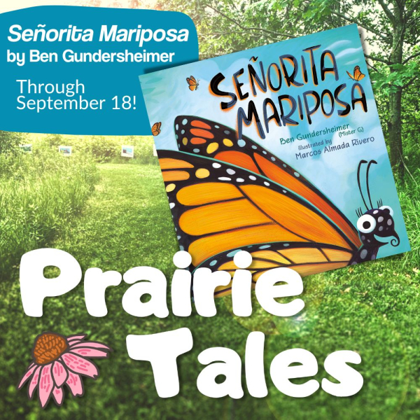 Señorita Mariposa picture book cover with Prairie Tales logo against image of outdoor path