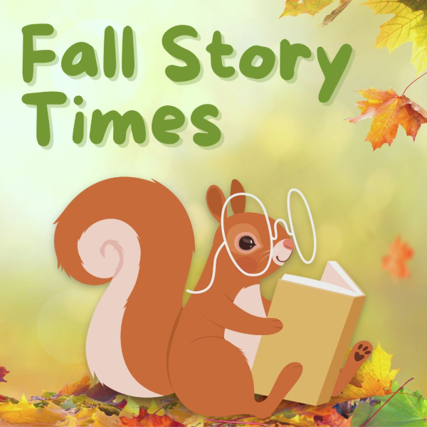 illustration of a squirrel with big glasses reading outside as leaves are falling