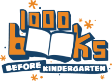 1000 books before kindergarten logo: orange text with navy blue and white book