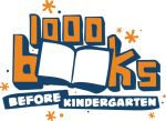 1000 books before kindergarten logo: orange text with navy blue and white book