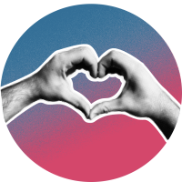 black and white photo of hands making a heart with red and blue background
